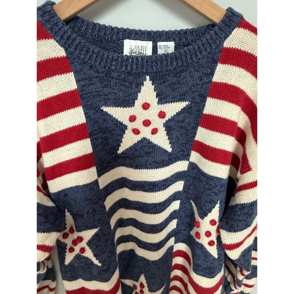 Vintage Maxwell Jason Americana Stars Stripes Sweater Red White Blue Pom Pom L - Picture 2 of 10